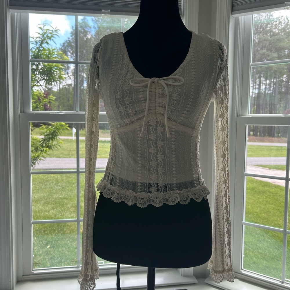 Altar'd State Cream Blouse with Intricate Lace Design